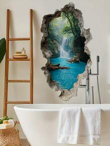 1pc Creative Distressed Valley Waterfall Landscape Wall Sticker - Removable Glossy Plastic Sticker, Suitable For Classrooms, Bedrooms, Offices, Living Room Decoration - Multi-Surface Home And Commercial Wall Art, Landscape Murals, Classroom Decoration. - Multicolor - View 5