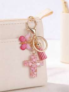 Resin Cross Keychain, Women's/Girls' Style, With Butterfly Pendant And Tassel, Inlaid With Pebbles, Sparkling Hearts And Purple Sequins, Fashionable Jewelry Gift, Easter Baptism Party Gift, Car Ornament, Bag Pendant, Cute Gothic Style Y2K.Bag Charms,Keychains,Purse Charms,Plush Keychain,Keychain,,Girls Keychain,Cute Keychains For Girls,,Keychains For Woman,Bag Charms,Christmas Gifts - 粉色 - 查看 7