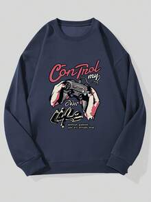 Men's Casual Crew Neck Sweatshirt With Game Controller Pattern - Navy Blue - View 6