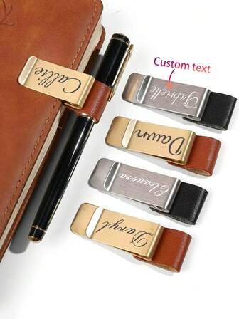1pc Customized Logo Stainless Steel & Leather Pen Holder, Pen Clip, Notebook Bookmark Organizer, Pen Case, Office Stationery, Accessories, Money Clip, TN Planner Pen Holder