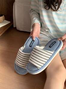 XIXITIAO 1 đôi dép lê sọc phối màu retro, đế mềm mại, thoải mái, thích hợp mang trong nhà vào mùa thu/đông. - Xanh và trắng - Xem 3