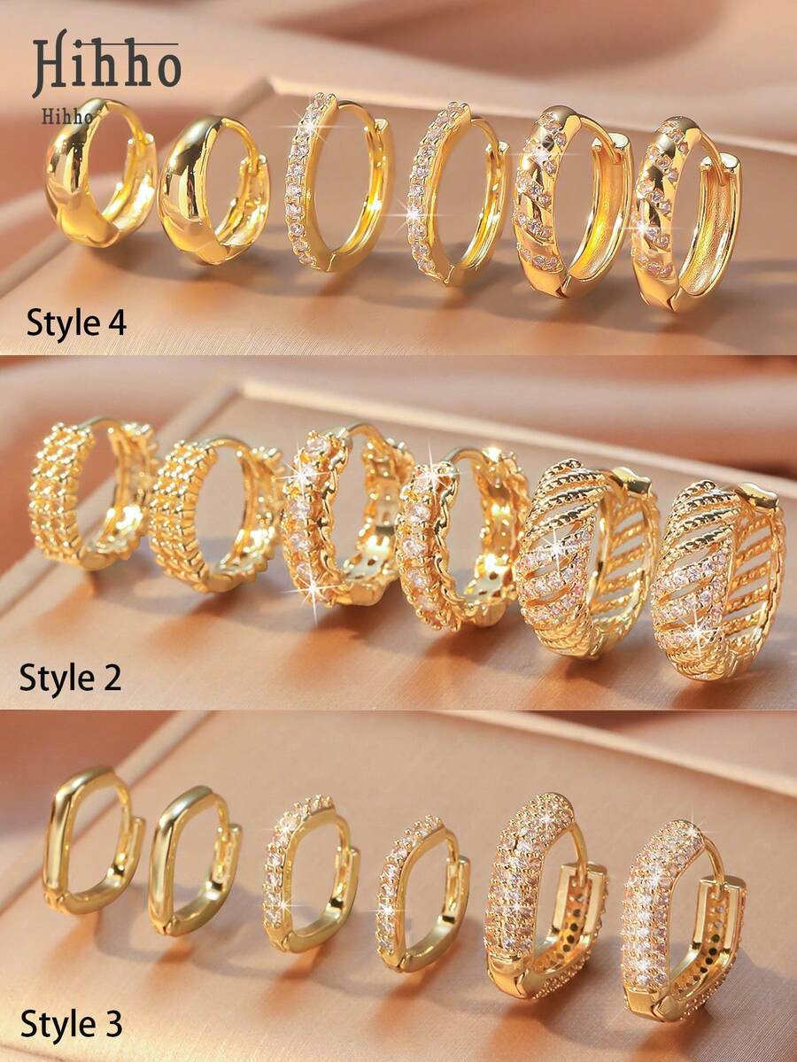 Hihho Bộ 6 khuyên tai kẹp thiết kế cao cấp phong cách Âu Mỹ, khuyên tai Zirconia cổ điển, khuyên tai sang trọng tối giản, thích hợp đeo hàng ngày hoặc đeo một lần, quà tặng tuyệt vời cho bạn bè - Vàng - Xem 1