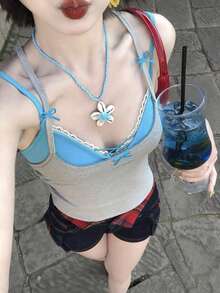 2-In-1 Lace Camisole Top For Women, Bright Summer Outfit With Padded Bust, Layering Sleeveless Blouse - Grey - View 2