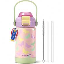 Termo para Niños, Botella de Aguas con 2 Pajitas, Sorbos y Chug, A Prueba de Fugas para Escuela, Deportes o Excursiones, Libre de BPA (12 oz / 360 ml, Mariposa Jardín),36983498 - Café integral - Ver 1