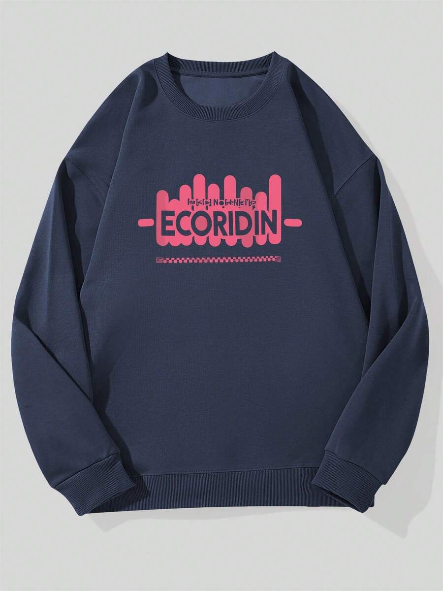 ECORIDIN Men's Casual Crew Neck Sweatshirt With Pattern - 藏蓝色 - 查看 1