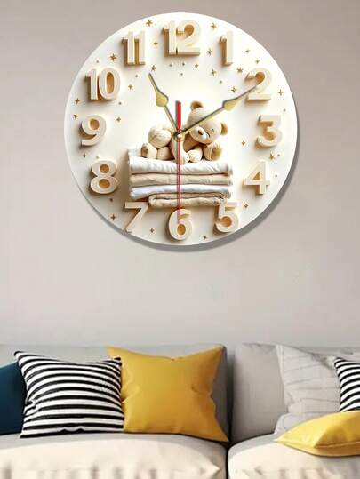 1 szt. Cichy zegar ścienny z materiału innego niż drewno, delikatne pastelowe odcienie – beżowy ze złotym wzorem w gwiazdy, duża, czytelna biała tarcza i czarne wskazówki, odpowiedni do pokoju dziecięcego, na prezenty wielkanocne i wiosenne, idealny do sypialni, minimalistyczny, nowoczesny styl, beżowa tarcza ze złotymi cyframi