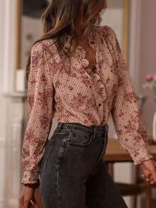 Fashionable Casual Long Sleeve Ruffle Plaid Shirt, Suitable For Home, Vacation, And Beach - Dusty Pink - View 1