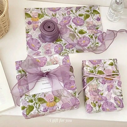 5/10/20/40PCS Purple Trumpet Shaped Teddy Bear Pattern Gift Wrapping Paper, Suitable For Moisture-Proof And Shatterproof Item Protection, Suitable For Birthdays, Valentine's Day, Gifts, Clothing, Gift Packaging, And Decorative Box Filling