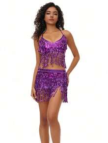 流苏亮片肚皮舞胸衣上装，细肩带胸罩，拉丁舞裙，肚皮舞链条流苏腰带，适合泰式/阿拉伯舞服装