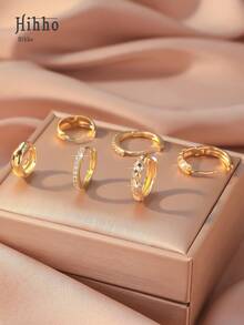 Hihho Bộ 6 khuyên tai kẹp thiết kế cao cấp phong cách Âu Mỹ, khuyên tai Zirconia cổ điển, khuyên tai sang trọng tối giản, thích hợp đeo hàng ngày hoặc đeo một lần, quà tặng tuyệt vời cho bạn bè - Vàng - Xem 7