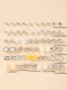 1 Set Of 30 Pairs Fashion Pearl Heart Bow Crystal Faux Pearl All-Metal Simple Elegant Gift Stud Earrings Set For Women - Multicolor - View 6