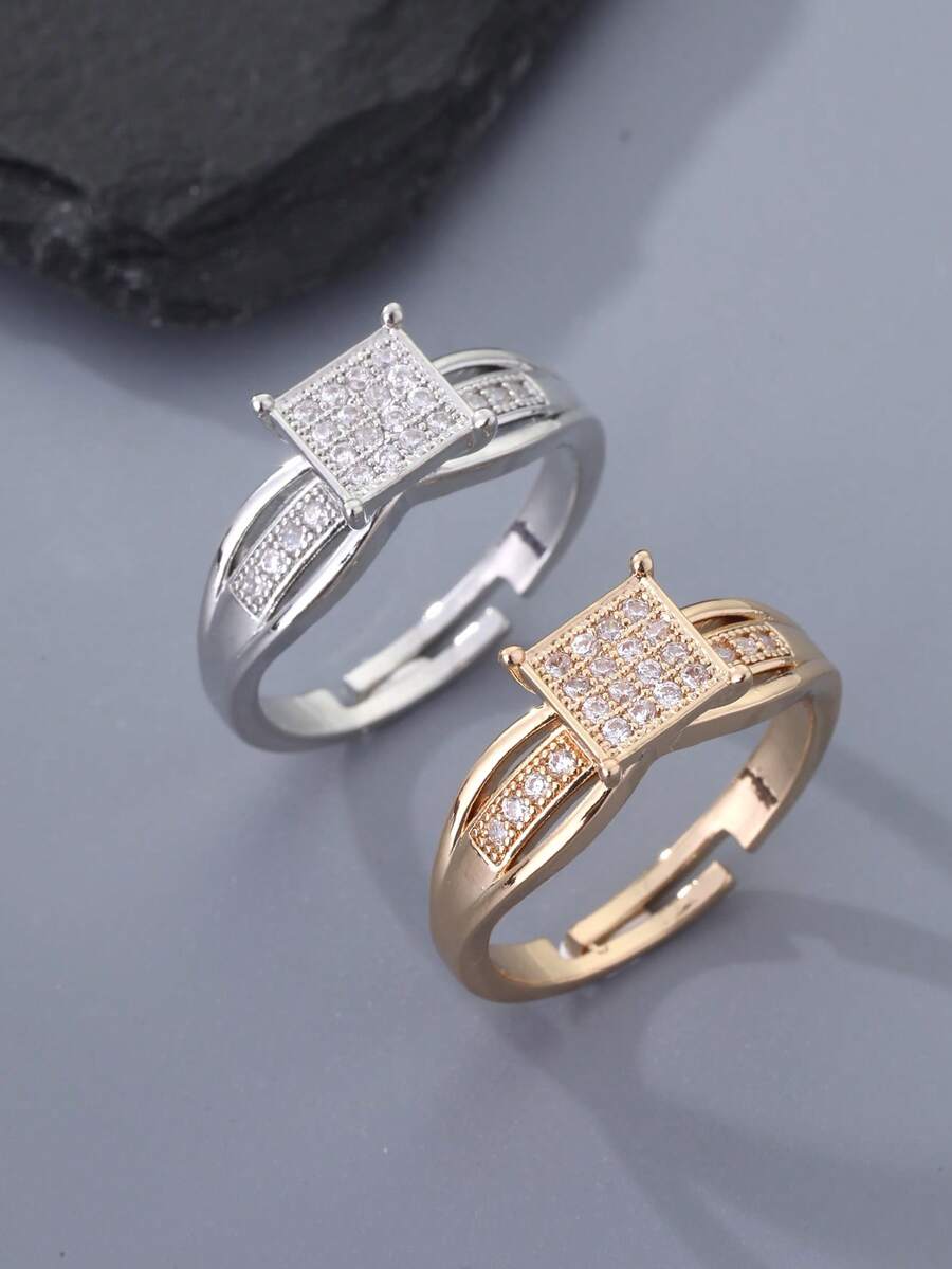 1 pieza Anillo cuadrado de circonita cúbica de dos tonos de moda para mujer, banda ajustable abierta. Adecuado para uso diario de joyería, boda, compromiso, anillos de pareja, regalo, celebración del Ramadán, regalo de Eid Al-Fitr - Anillo cuadrado - Ver 1