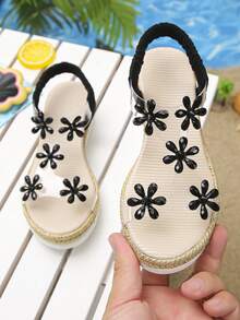 1双女童透明碎花休闲一脚蹬坡跟凉鞋，舒适时尚，适合日常穿着 - 黑色 - 查看 5