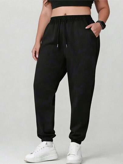 Plusstorlekar enfärgade träningsbyxor för kvinnor, resår i midjan med dragsko, dragkedjefickor, lämplig för yoga, löpning, träning, höst/vår