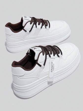 1 Pair Thick Sole Fashionable Casual Sneakers, Versatile Lace-Up Style Women Shoes, Suitable For All Seasons