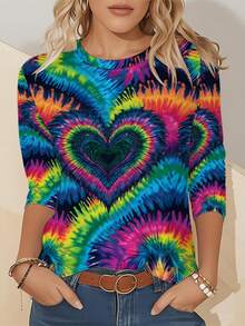 Women's Multicolor Tie-Dye Heart Print Long Sleeve T-Shirt - All-Over  Pattern With Blue Pink Green Yellow Orange Red White Black, Round Neck Casual Spring/Fall Top For Valentine's Day & Casual Attire, Fall Outfit, Spring Fashion, Colorful Design, Breathable Material, Machine Washable, Printed Blouse, Women, Gift Seekers   Ideal For Everyday Wear, Casual Layering, And Comfort, This Relaxed Shirt Is A Versatile Holiday Top Suitable For Camping Or Hiking, Designed For Year-Round Casual Dressing - Mixed Color - 查看 5