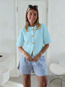 Spring/Summer Women's Fashion French Soft Wax Texture High-End Loose Knit Cardigan, Women's Cropped Relaxed Sweater Top - Baby Blue - View 4