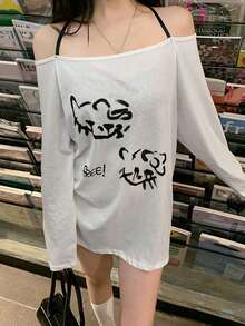 Casual Cartoon Print Open Shoulder Halter T-Shirt, Autumn White Spring - White - View 1