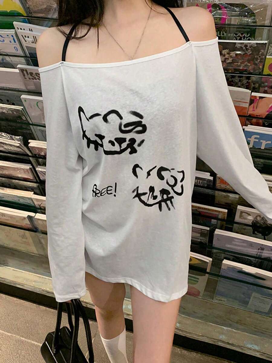 Casual Cartoon Print Open Shoulder Halter T-Shirt, Autumn White Spring - White - View 1