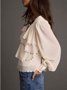 Áo kiểu tay dài cổ chữ V bèo nhún, màu trơn, đính hạt ngọc trai giả, phong cách thường ngày, thích hợp cho mùa xuân. - Ngà voi - Xem 6