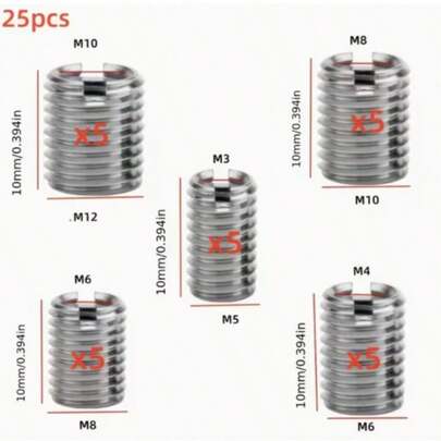 huiwuju 25个M3-M10内外螺纹修复嵌件（螺纹转换螺母），耐腐蚀，高强度，用于修复基材上损坏的螺纹孔；实现不同螺纹尺寸之间的连接，增强螺纹连接强度。