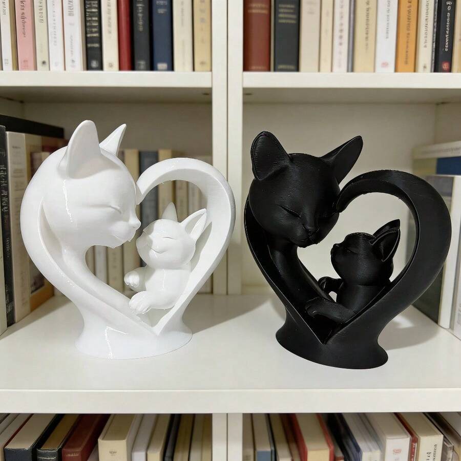 1pc Heart-Shaped Mother & Baby Cat Statue, Cute Cat Sculpture, Ideal Gift For Cat Lovers, Warm & Romantic Home Decor, Collectible For Desk, Shelf, Nightstand, Holiday Gift - Multicolor - View 1