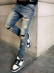 Men's Slim Fit Distressed Denim Jeans, Stretchy Fabric, Casual Street Style, Vintage College Look, All Season - 藍色 - 查看 1