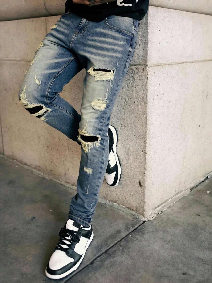 Men's Slim Fit Distressed Denim Jeans, Stretchy Fabric, Casual Street Style, Vintage College Look, All Season - 藍色 - 查看 1