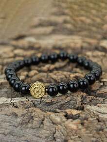 1件男士石珠手链导航指南针手链手工串珠饰品 - 金色 - 查看 10