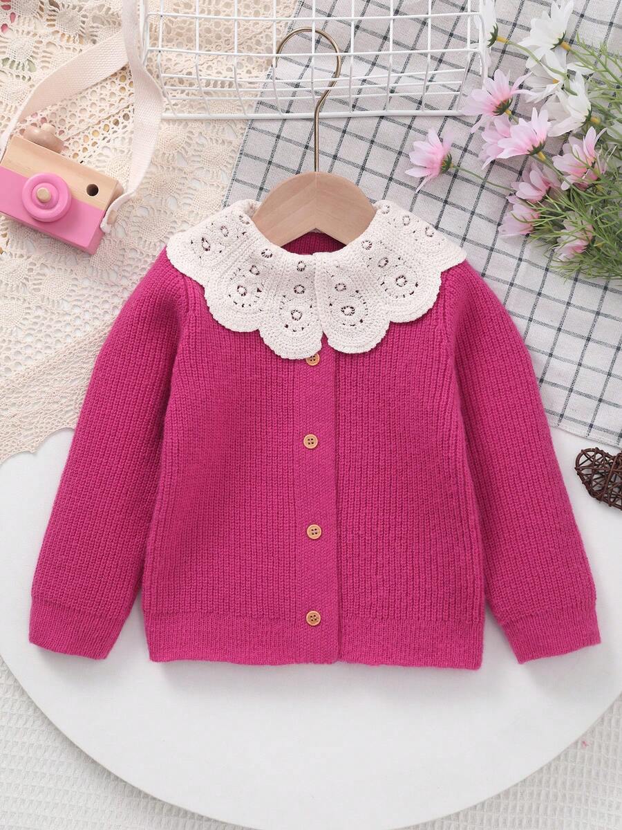 Infant Girls' Knitted Embroidered White Lace Collar Cardigan Sweater, Suitable For Casual Wear Or Outings - Hot Pink - View 1