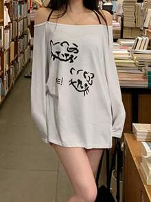 Casual Cartoon Print Open Shoulder Halter T-Shirt, Autumn White Spring - White - View 4