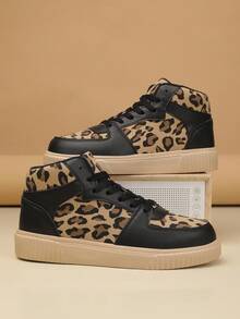 Women's Leopard Print High-Top Casual Sneakers | With Cushioned Insole, Breathable Mesh PU Upper And Round Toe - Suitable For Casual, Sports, Athleisure Wear - Leopard Spot Print Gift Shoes, Women's Athletic Shoes, Training/Workout Shoes - Black - View 5