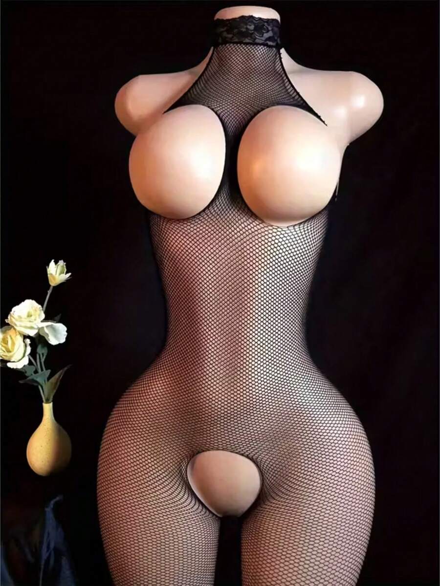 Sexy Black Mesh Jumpsuit, Made Of High-Stretch Mesh Fabric, Lace Collar, Hollow-Out Front, Slit Design, Lace Details - Sleeveless Turtleneck - Black - View 1