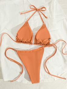 女士性感豹纹比基尼套装，挂脖式设计，高弹面料，适合夏季沙滩穿着 - 彩色 - 查看 3