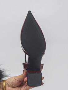 女士优雅尖头粗跟凉鞋，纯色，适合西式婚礼，性感又不失精致 - 酒紅色 - 查看 7