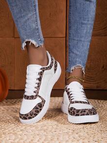 女士轻便系带低帮运动鞋 - 豹纹点缀休闲鞋，简约设计，适合跑步、步行和日常穿着，四季皆宜，时尚百搭的学生运动鞋 - 滑板鞋 - 训练鞋 - 棕色 - 查看 6