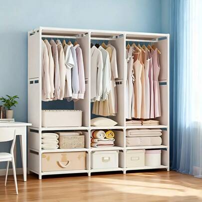 1件极简衣柜，16毫米金属管加固连接件，3根挂杆，大容量，便携式衣柜，易于组装/拆卸，衣物收纳系统