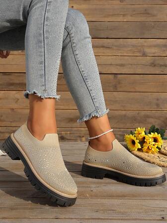 1 par de zapatos casuales para mujer, parte superior de malla de ganchillo con falsas piedras rhinestone, cuña de plataforma deslizante, adecuado para el hogar, exteriores, uso diario, ir al trabajo, oficina