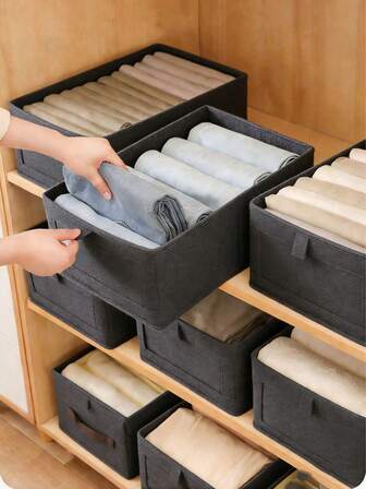 1 pieza Cesta de almacenamiento plegable de tela de lino con ventana transparente y asa, caja de almacenamiento plegable reforzada, adecuada para el armario del dormitorio, gran capacidad para almacenamiento de ropa