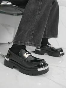 Men's Round Toe Thick Sole Derby Shoes, Fashion Loafers, Glossy Slip-On Casual Retro Dress Shoes For Men - Black - View 6