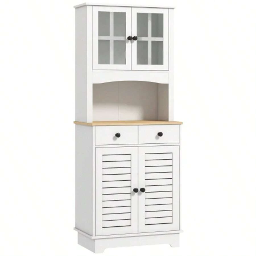 Kitchen Cabinet With Glass Doors, 2 Drawers, Sideboard, Dining Room Cabinet, Wood, 68 X 39.5 X 170 Cm, White - White - View 1