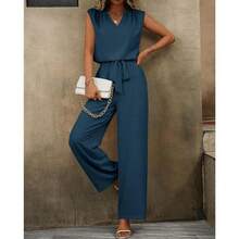 Two-Piece Set Women's Plain NotchedNeck Tank Top & Tie Front Pants Set,Casual Sleeveless Top & ElasticWaist Trousers For Summer, LadiesClothes For Daily Wear, Womenswear - 藍色 - 查看 6
