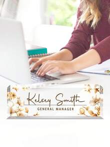 1pc Personalized Acrylic Custom Name Plates For Office Desks,Customize Text,20 Styles,Office Nameplate Engraved With Flower Patterns,Custom Desk Name Plate Personalized, Acrylic Name Plate For Desk, Office Desk Decor For Women And Men - Multicolor - View 3