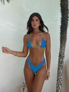 Bộ bikini hai mảnh buộc cổ họa tiết chấm bi xanh dương và xanh lá cây, gợi cảm và ngọt ngào, thích hợp cho kỳ nghỉ hè/thuyền của nữ, hàng mới về. - Nhiều màu - Xem 2