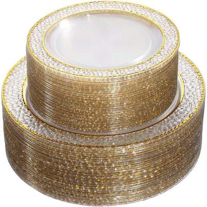 50/25/14/7/1pcs Transparent Hammered Double Gold Rim Plates, Transparent Bottom With Gold Rim, Elegant Dessert Plates, Pasta Plates, Pizza Plates, Cake Plates, Salad Plates, 7.5 Inch/10.25 Inch Sizes, Reusable And Easy To Clean, Suitable For Outdoor, Parties, Birthdays, Weddings And Holiday Gatherings