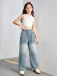女童牛仔裤，时尚春夏胡萝卜腿牛仔裤，带皇冠，星星图案印花，修身剪裁，舒适无弹力中腰牛仔裤，适合上学和活动 - 淺藍色 - 查看 8