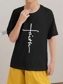 青少年男童休閒字母印花黑色圓領短袖毛衣，夏季上衣 - 黑色 - 查看 2