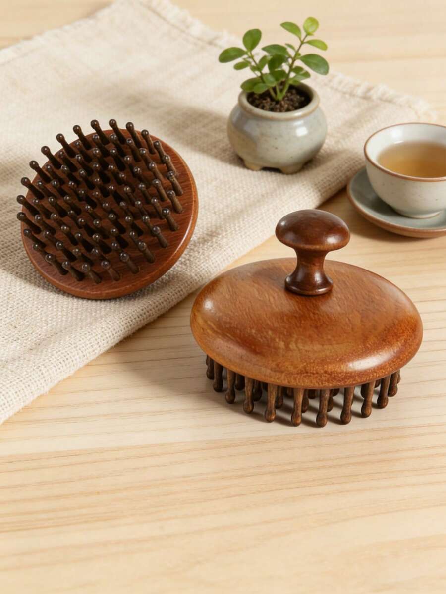 1 pieza Peine de masaje de cabeza redonda de material de sándalo, 79 dientes, sin electricidad estática, adecuado para cabello liso, unisex