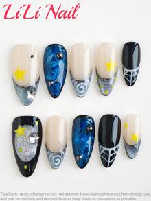 10 miếng dán móng tay acrylic thủ công, cỡ trung bình, hình hạnh nhân, màu xanh dương, đen, kiểu INS, kiểu Pháp, lấp lấp, đính đá, chấm bi, ombre, giá cả phải chăng, móng tay dễ thương, có thể tái sử dụng, bao gồm dụng cụ làm móng, phù hợp cho đi làm hàng ngày, dự tiệc và văn phòng, món quà tuyệt vời. - Nhiều màu - Xem 2