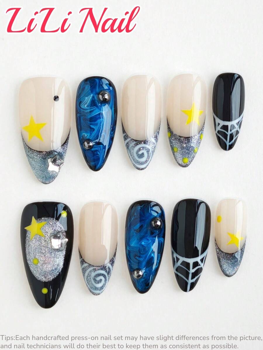 10 miếng dán móng tay acrylic thủ công, cỡ trung bình, hình hạnh nhân, màu xanh dương, đen, kiểu INS, kiểu Pháp, lấp lấp, đính đá, chấm bi, ombre, giá cả phải chăng, móng tay dễ thương, có thể tái sử dụng, bao gồm dụng cụ làm móng, phù hợp cho đi làm hàng ngày, dự tiệc và văn phòng, món quà tuyệt vời.